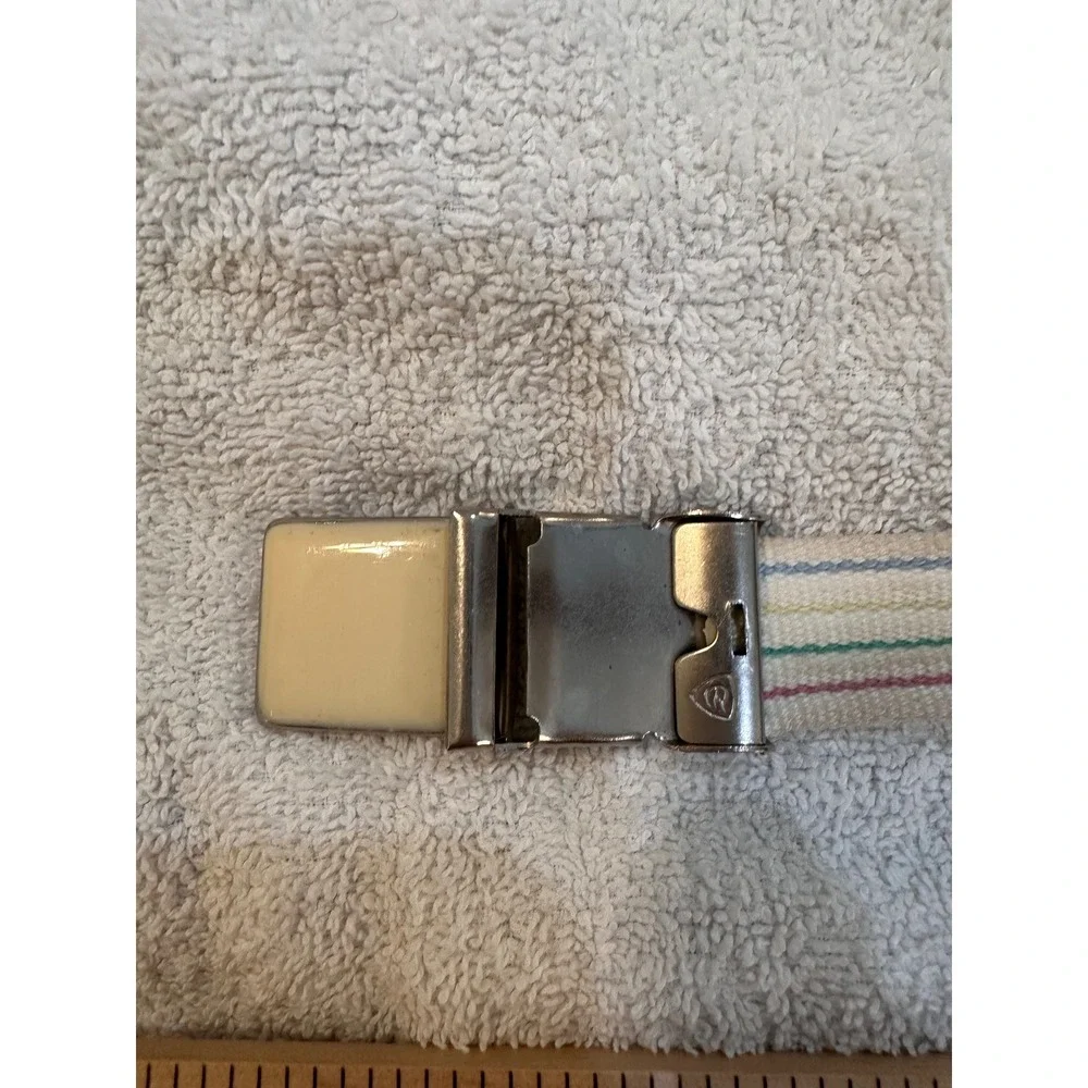 Kids Vintage Cream Rainbow Striped Canvas Web Belt Silver Slide Buckle 33 Inch